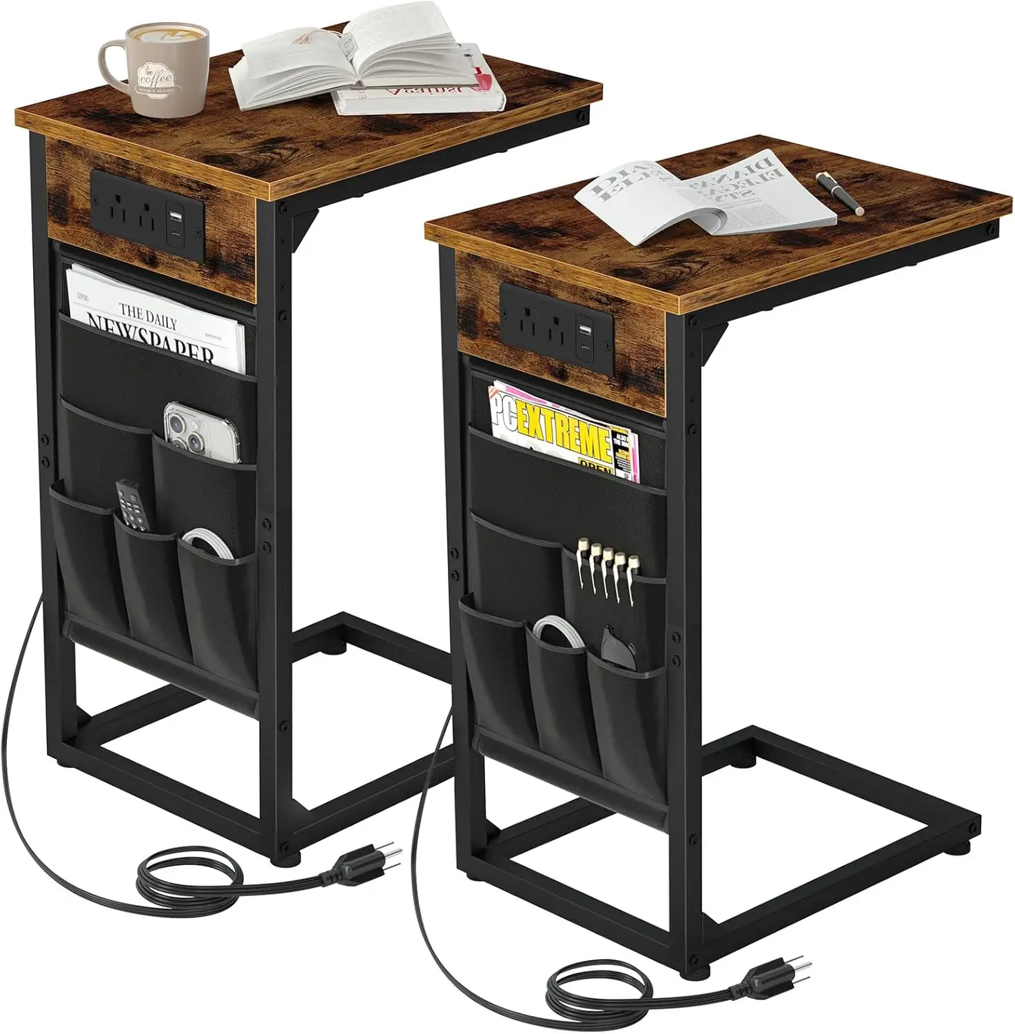 

C-Shaped End Table with Charging Station, 2-Piece TV Tray Set, Sofa Side Table with Storage & USB Ports for Living Room