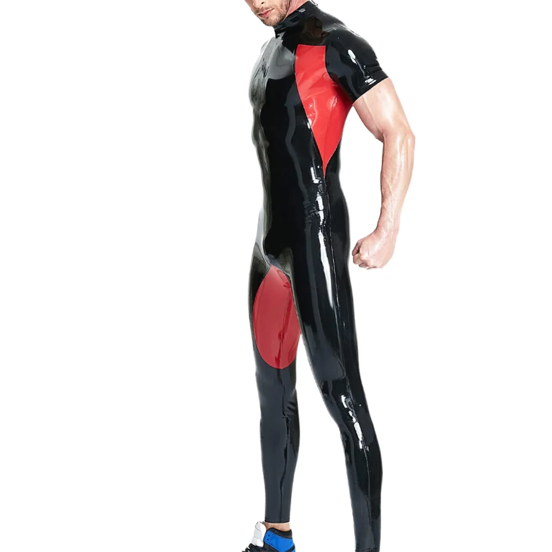 Latex Mans Short-sleeved Sporty Catsuit Rubber Back Zip Bodysuit Handmade Jumpsuit Clothing S-LCM196