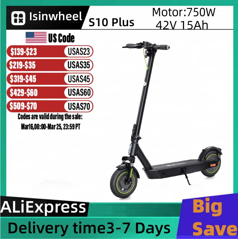 

Isinwheel S10 Plus E-scooter For Adult 42V 15Ah Battery 750W Motor 10" Pneumatic Tires Foldable City Electric scooter