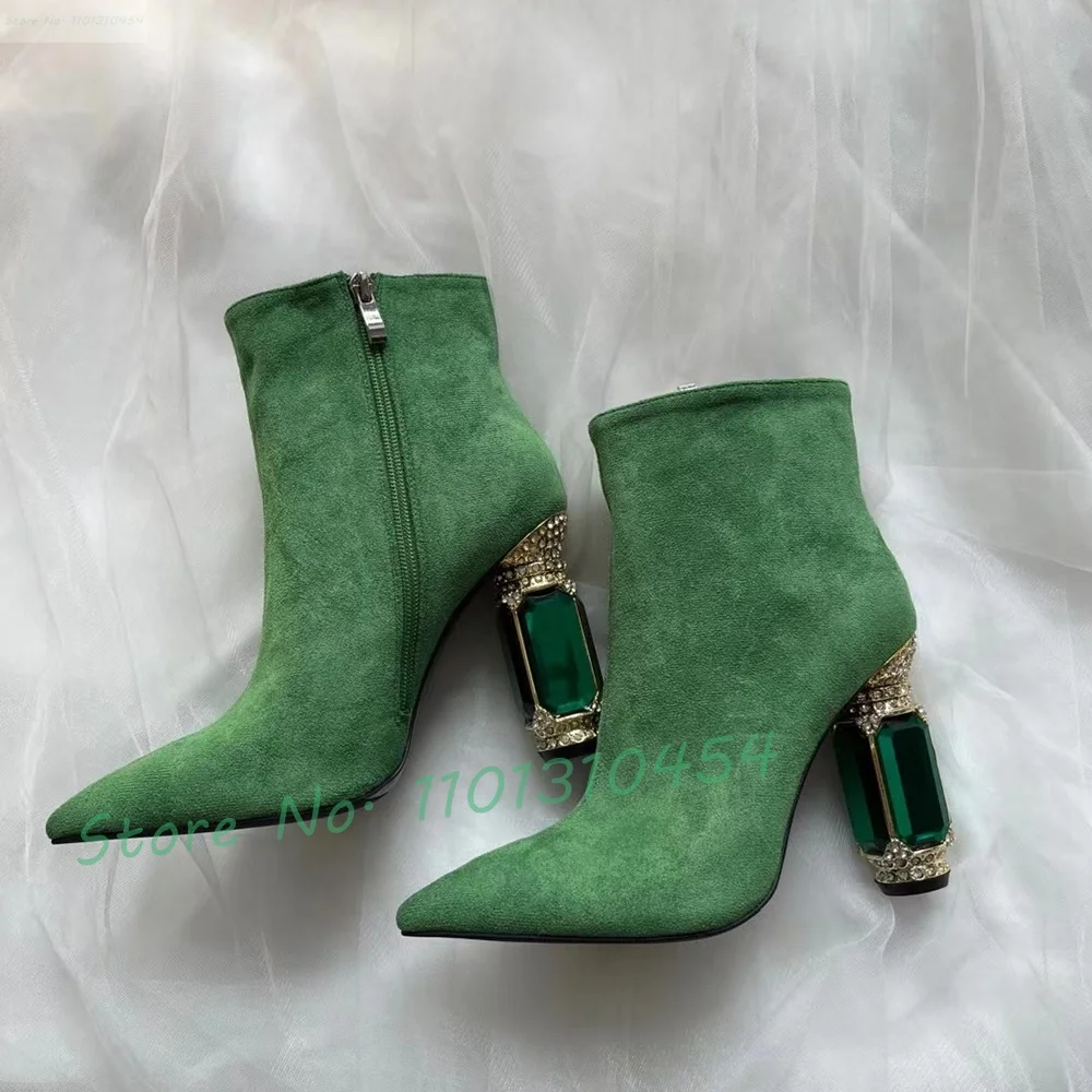 Gems High Heels Stretch Boots Women New In Novelty Pointy Green Ankle Boots Fashion Female Crystal Heel Retro Suede Long Shoes