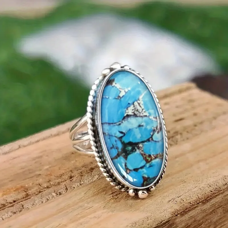 European and American New Metal Fried Dough Twists Collar Ring for Women Simple Design Long Oval Imitation Marble Jewelry