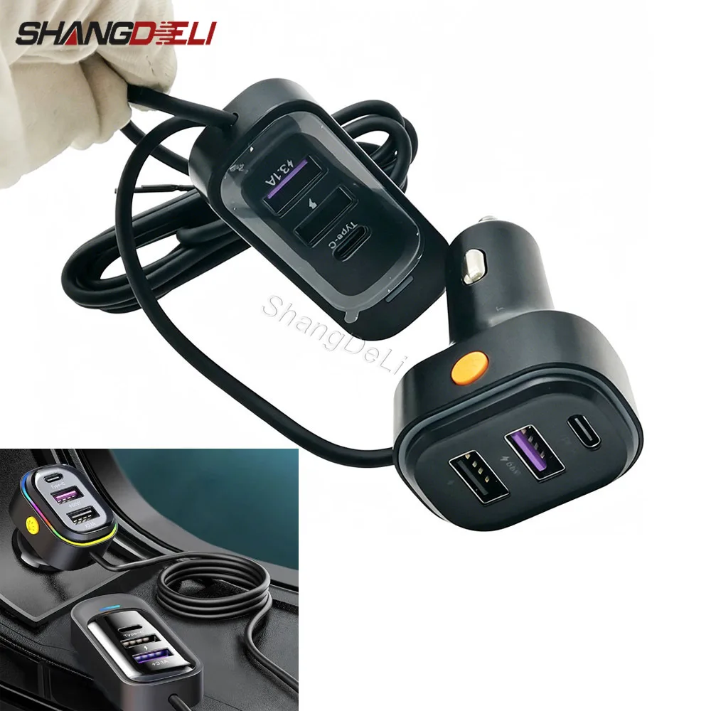1PC Car USB Type‑C QC3.0 6‑Port Fast Charger with Cable Rear Seat Multi‑Device Universal Car Phone Charging Adapter 66W