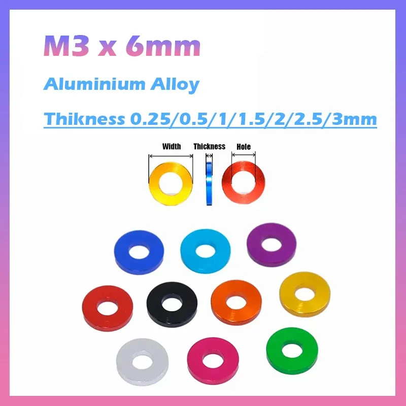 5 ~ 20 шт. M3 x 6 мм алюминиевые анодированные метрические красочные плоские шайбы, прокладка, толщина 0,25/0,5/1/1,5/2/2,5/3 мм