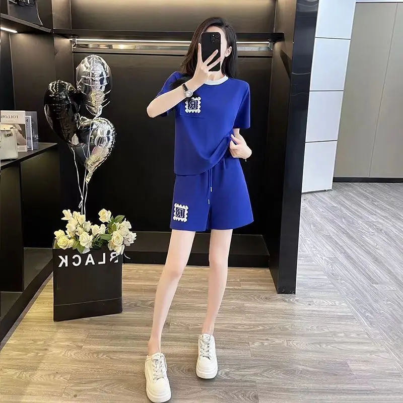 

Summer Women Clothes Casual All-match Printing O-neck Short Sleeve Two-piece Suit Female Young Style Pocket Elastic Waist Sets