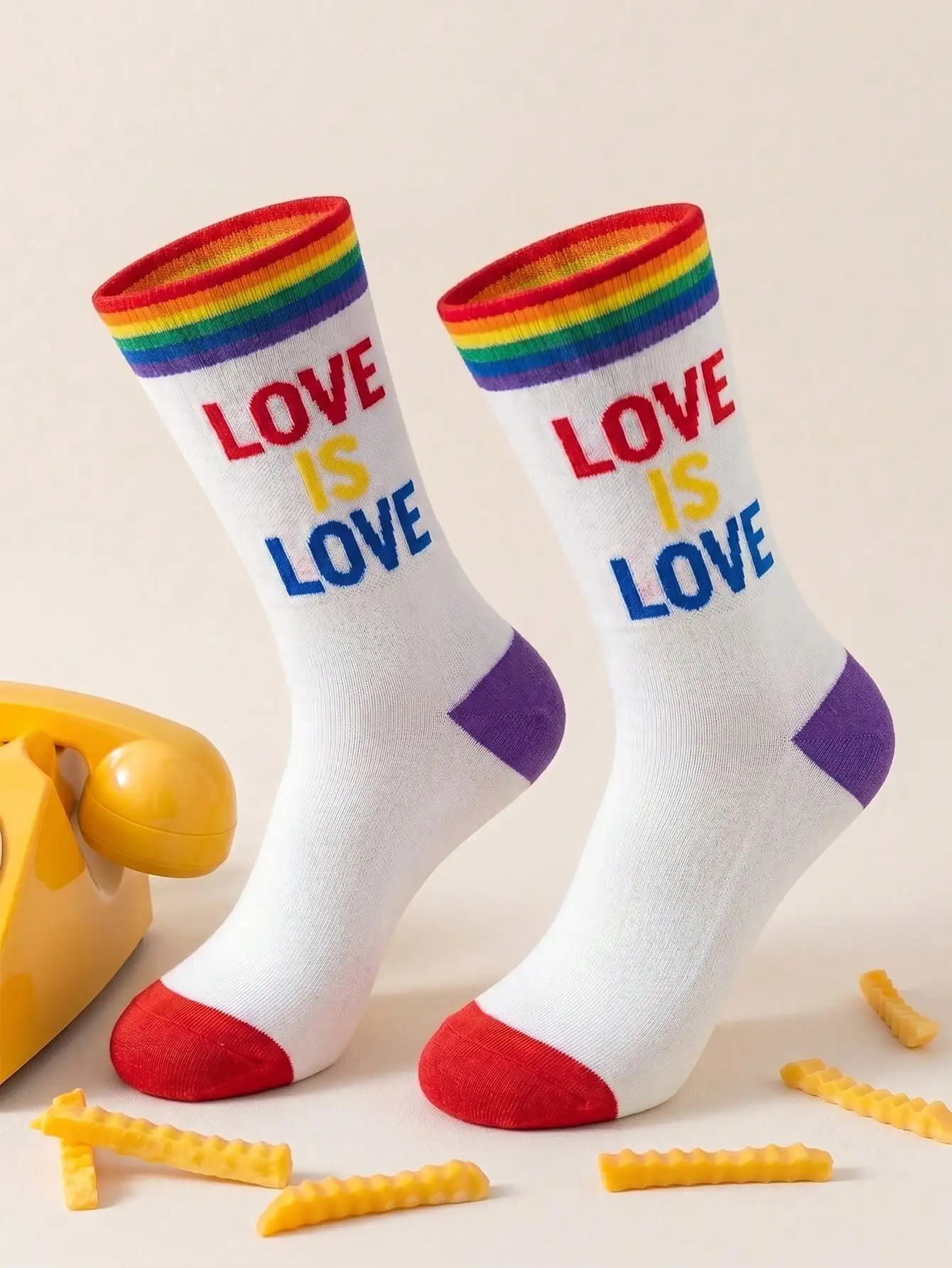 3 Pairs of Black Lgbtq Pride Mid-Calf Socks, Rainbow Gradient Letter Print, Striped Knit Cuff Casual Street Style Mid-Calf Socks
