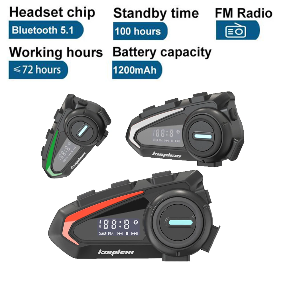 Motorcycle Helmet Bluetooth 5.1 Headset With Screen FM Radio Suitable for Full Half Helmet Waterproof Rider Headphones 3 Colours