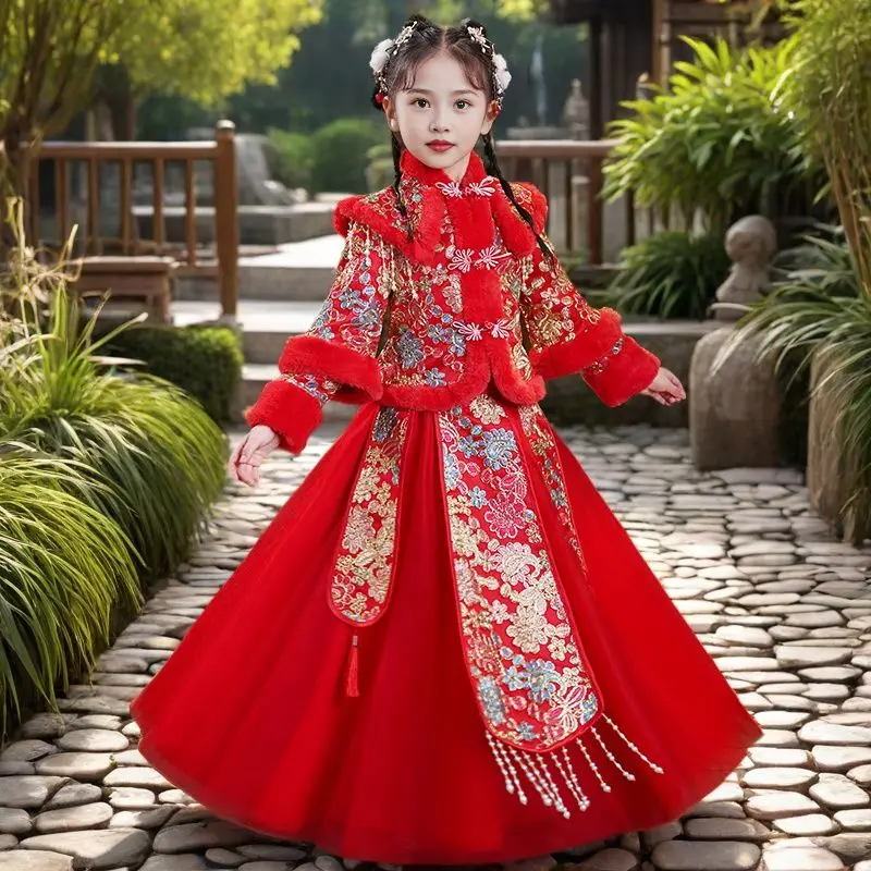 

2026 Новый детский комплект ханьфу в китайском стиле, новогодняя одежда Тан, зимний плотный древний костюм для девочек, новогодний комплект ханьфу,LI814