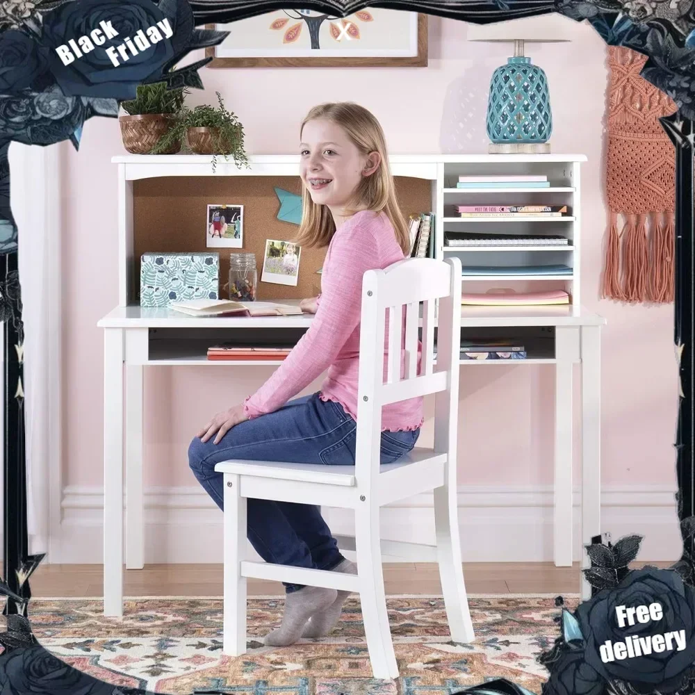 

Children’s Media Desk and Chair Set – White: Kids Study Computer Desk with Hutch and Storage, Wooden Kids Bedroom Furniture