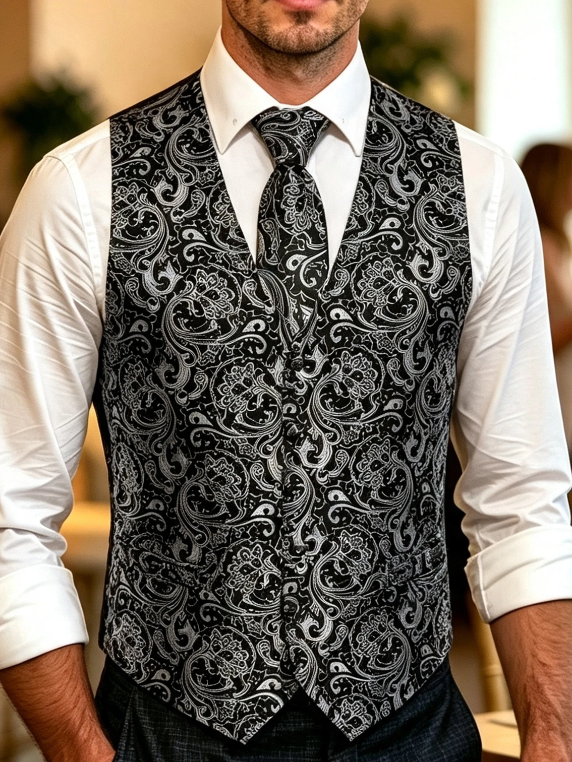 VERVEROW Classic Black Floral Jacquard Waistcoat Tie Pocket Squard Set Formal Wedding Party Tuxedo