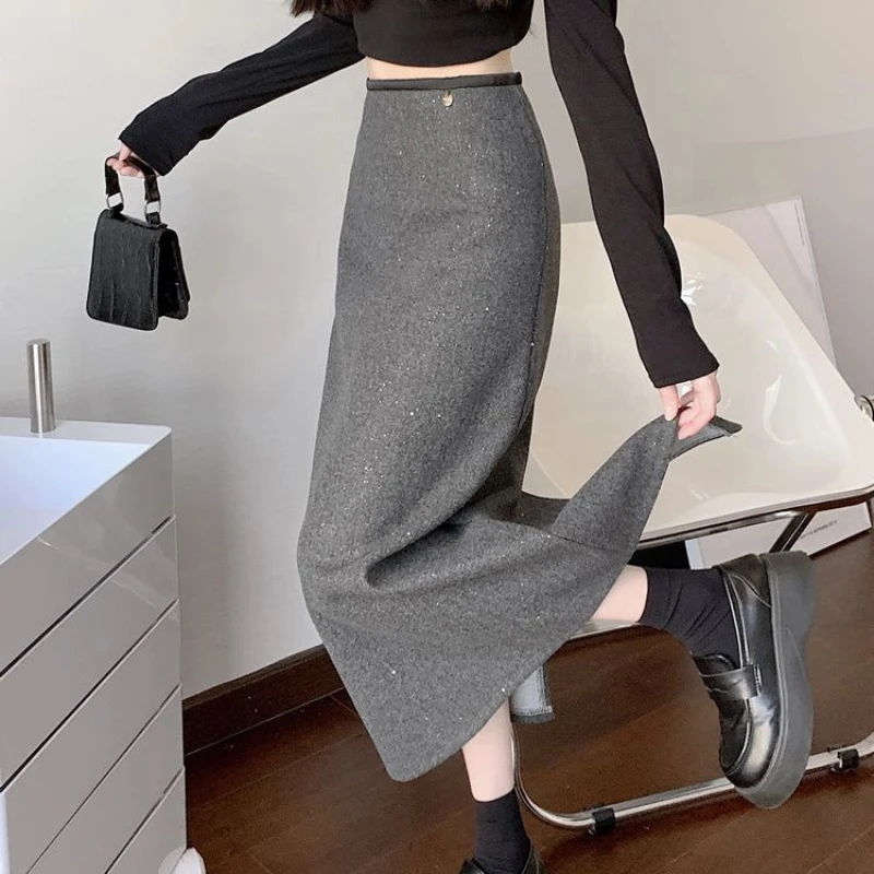 

Elegant Gray Wool Blend Skirt Winter Sparkle Sequin Bodycon High Waist Back Slit