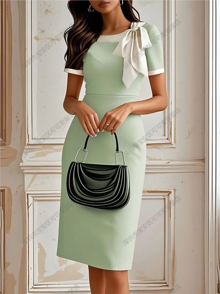 Moda mujer cuello redondo empalmado ​ ​ Vestidos de manga corta con lazo, novedad de verano, vestido de fiesta femenino elegante ajustado que cubre la cadera, Falda corta