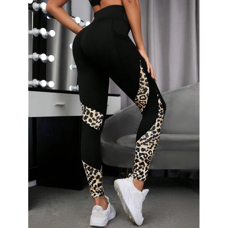 Women Printed Yoga Leggings Leopard Splicing Together Leggings High Waist Butt Lift Fashion Fitness Running with Pocket Legging