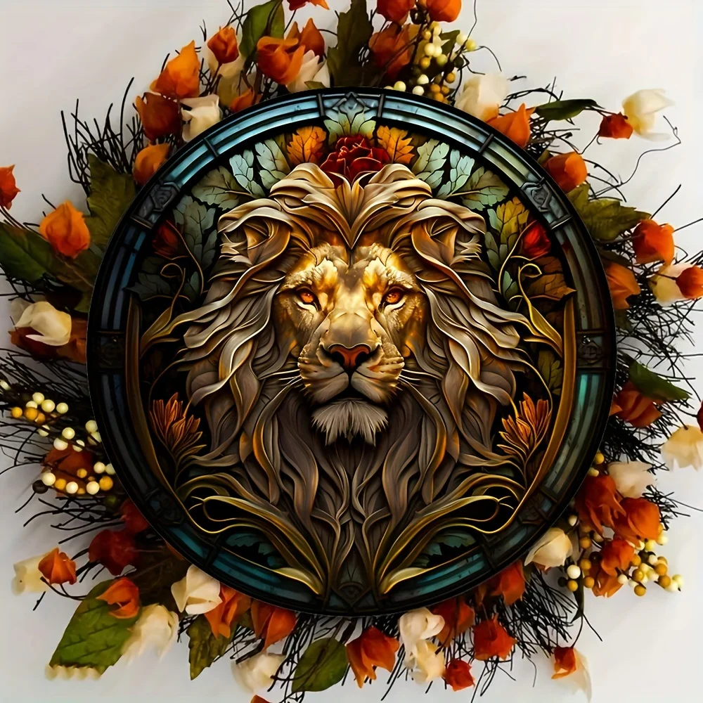 1pc, Vibrant Lion Wreath Sign - Intricately Designed Metal Tin Wall Hanging with Elegant Ornate Details, Perfect for Home Decor