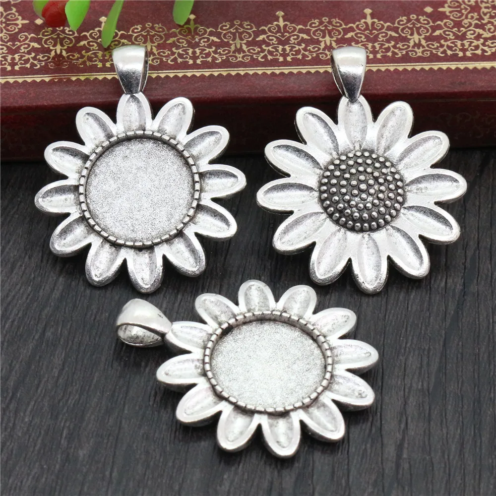 5pcs 18mm Inner Size Antique Bronze And Silver Plated Sun Flower Connection Style Cabochon Base Cameo Setting Charms Pendant