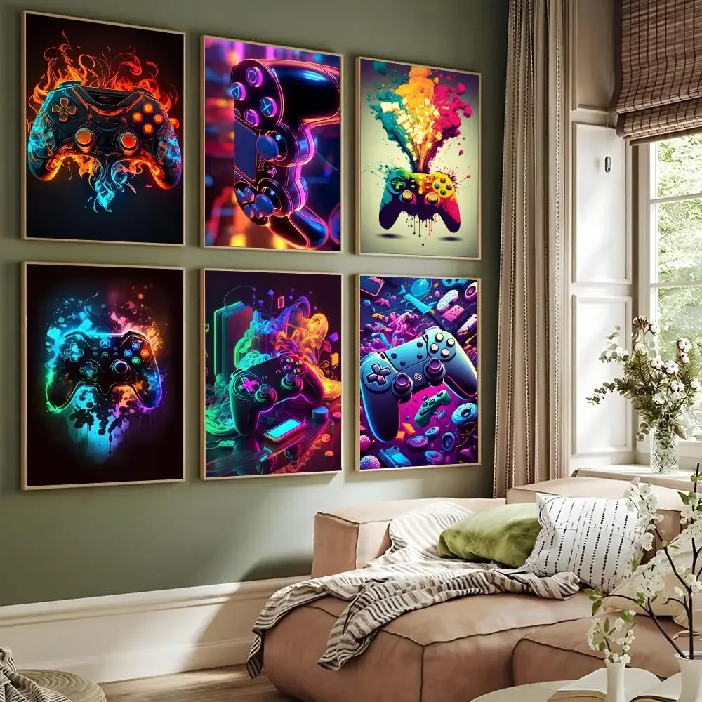 1PC Neon Game Controller Gaming Print Poster Paper Waterproof HD Sticker Bedroom Entrance Home Living Room Bar Wall Art Decor