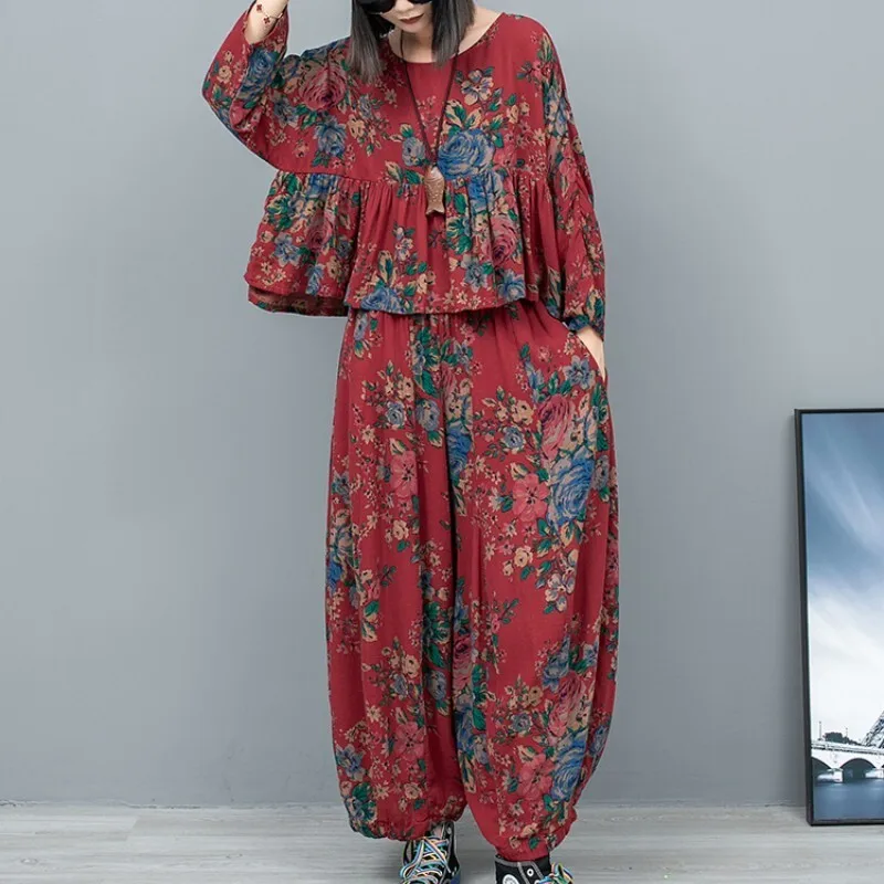 2024 Autumn New Northeastern Style Large Flower Loose Short Doll Shirt + Pumpkin Pants Two-piece Set Women LX2449