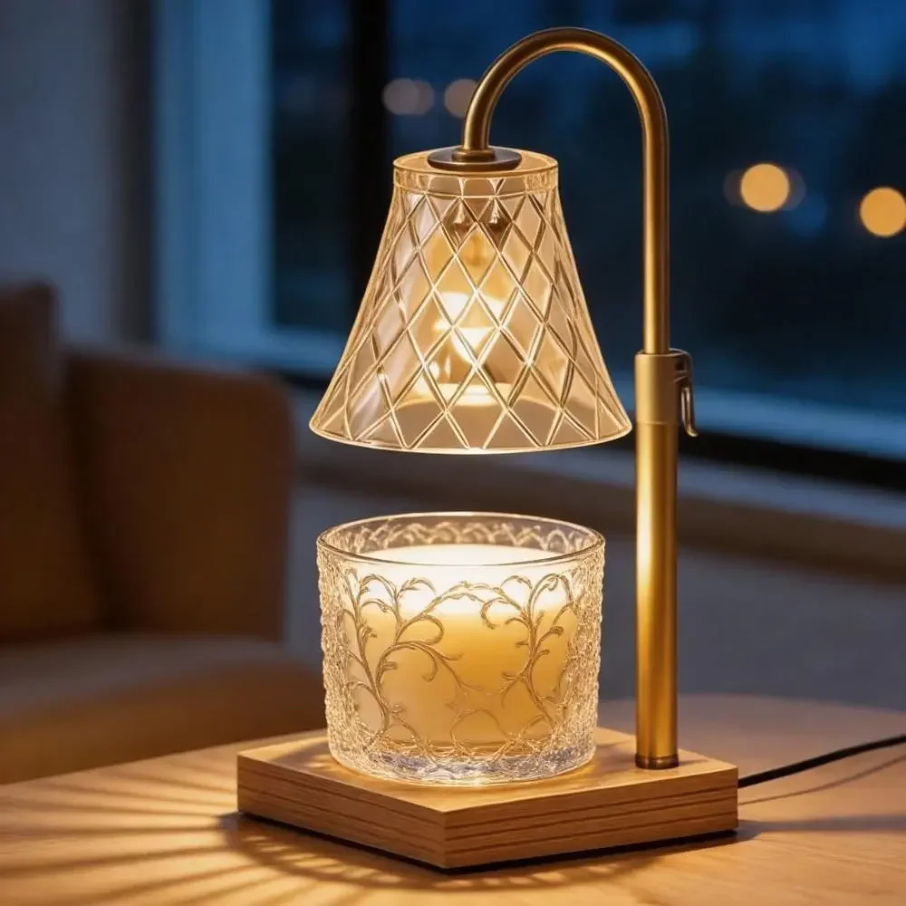 Gold Diamond Grid Glass Wax Melt Warmer Lamp with Timer, No Flame, Height Adjustable Natural Wood Base, Elegant Modern Car Interior Room Decor for Household Gift