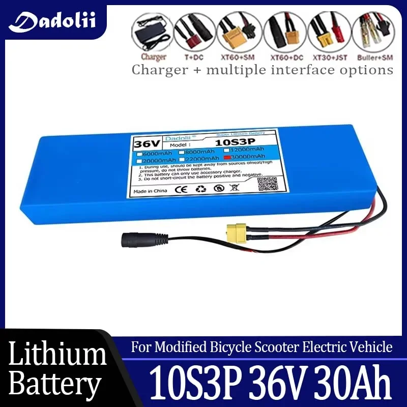 36V 30Ah 18650 Rechargeable Lithium Battery Pack 10S3P 1000W Power Modified Bicycle Scooter Electric Vehicle with BMS