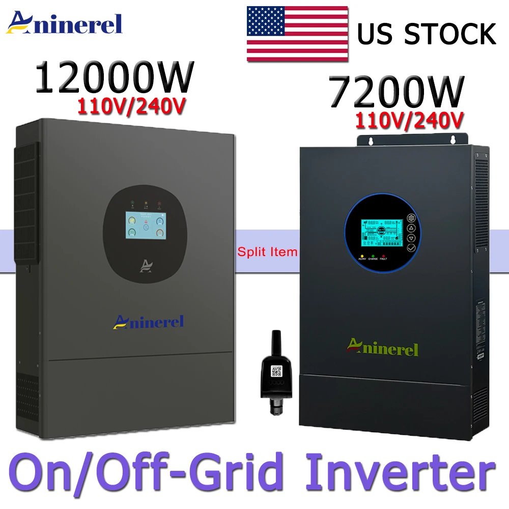 12KW 7.2KW 110V/240V Hybrid Solar Inverter On/Off-Grid MPPT 150A 220A Pure Sine Wave Split Phase Inverter Parallel 6 Units