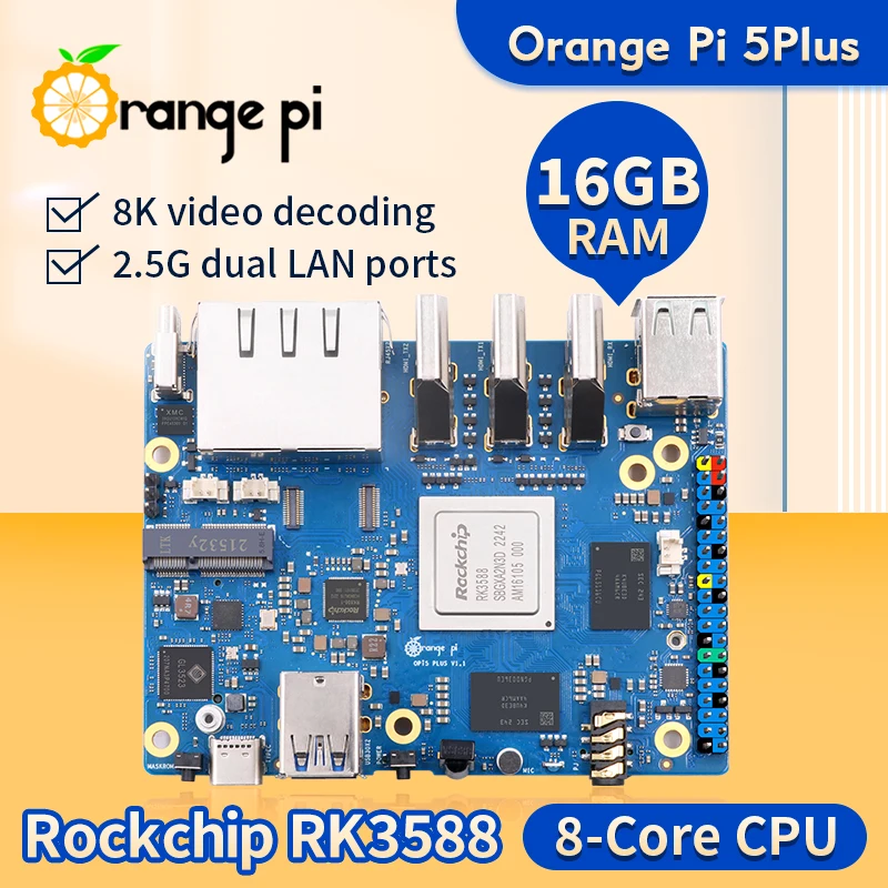 Laranja Pi 5 Mais Computador de Placa Única, RK3588, Módulo PCIE, WiFi-BT Externo, SSD 8K, Desenvolvimento Demo, 16G RAM
