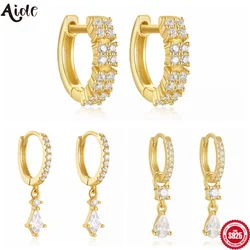 Aide 925 Sterling Silver Hoop Earrings for Women Geometric Spakling CZ Pendant Round Huggies Earings Bride Wedding Party Jewelry
