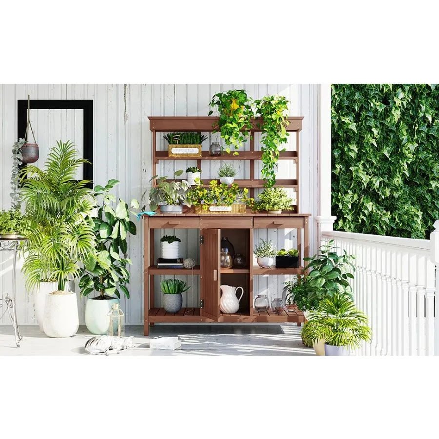 

TOPMAX 66 Large Outdoor Farmhouse Wooden Potting Bench Table Garden Workstation with 2 Drawers Cabinet and Open Shelves for Bac