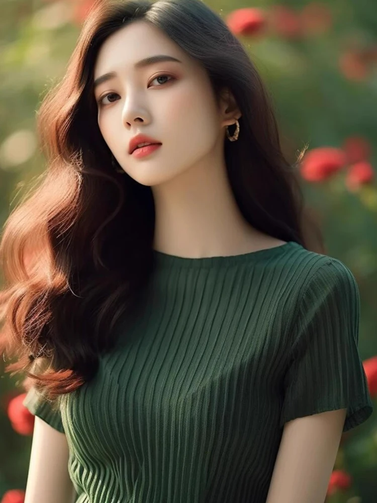 بلوزة محبوكة من الحرير الجليدي من Ele كاجوال متعددة الاستخدامات ort Sve Overhead Commute Faionable Color فضفاضة تناسب الصيف للنساء...