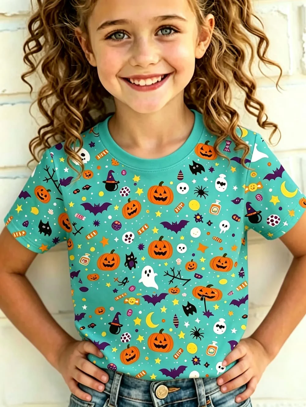 Halloween Girl's T-Shirt Pumpkin Pattern Summer Short Sleeve Casual Fashion Print Kids Tops 3-14y Party Gift Children's Clothing