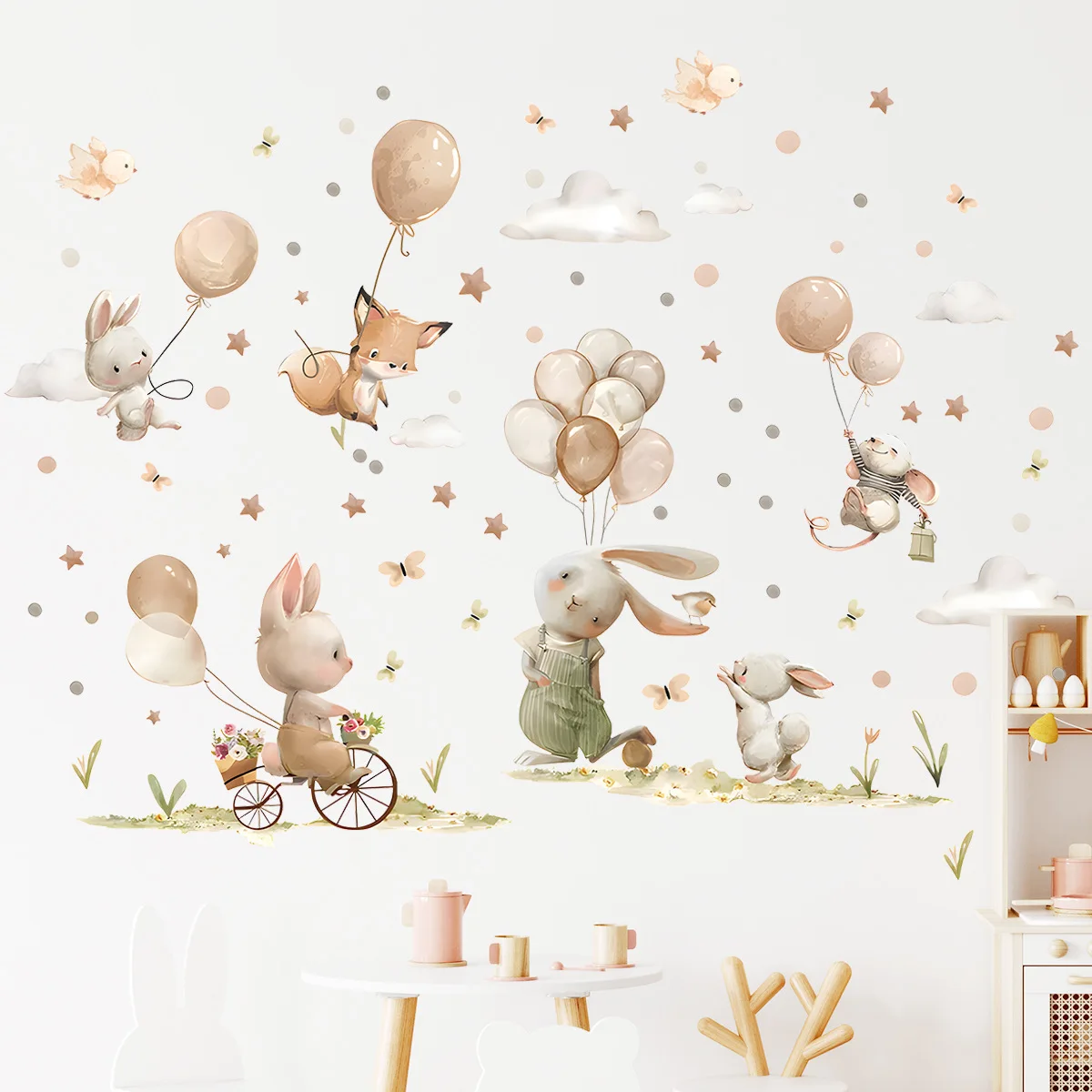 New Creative Countryside Style Rabbit Fox Bird Cloud Star Small Animal Removable Stickers Bathroom Room Bedroom Wall Ceramic Til