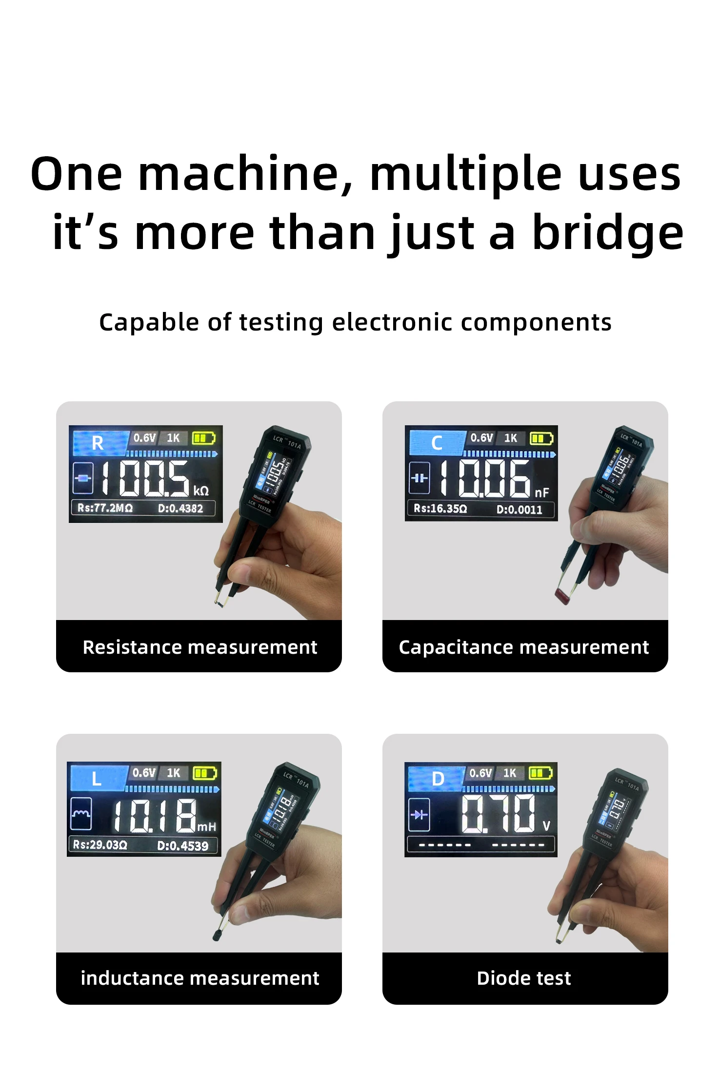LCR-101A Digitaler LCR-Brückentester 10kHz Wiederaufladbare Lithium-Batterie Kondensatoren, Widerstände, Dioden Induktanztest SMD-Tester – Detail 3