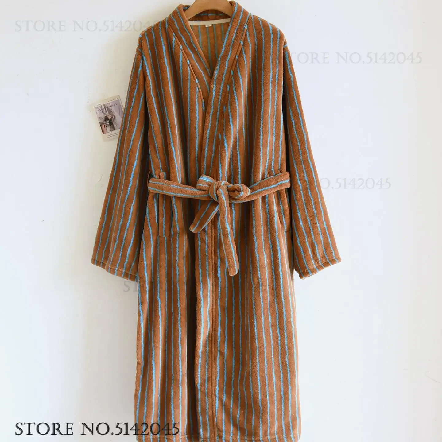 

Одежда для сна с принтом в полоску, утепленный фланелевой халат, кимоно, осенне-зимний женский халат, домашнее платье, свободная одежда для дома из кораллового флиса