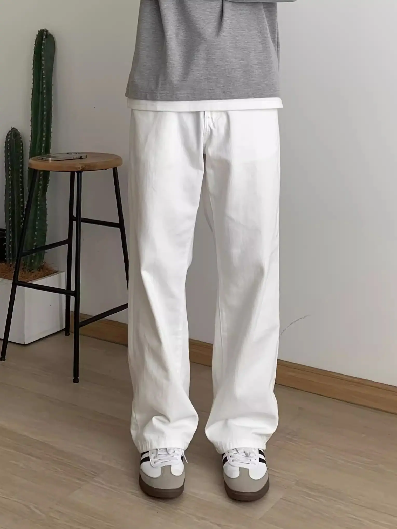 American High Street Vibe White Simple Basic Men's Jeans Loose Straight Wide Leg Draping Daily Commuting Casual Pants