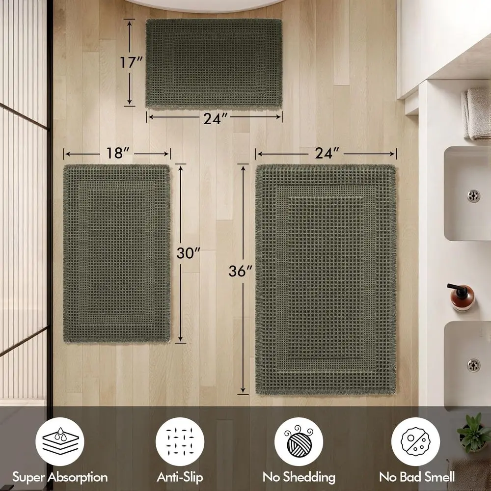 Boho Style Super Absorbent Shower Rugs, Non-Slip Rubber Backed, Washable Bath Mats, Green, 24x36 Inches