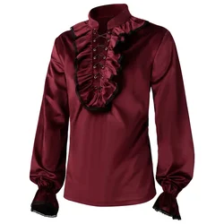 Halloween Cosplay Vintage Medieval Victorian Costume Lace Trim Men Velvet Ruffle Shirts Blouse Steampunk Vampire Dress Up Party