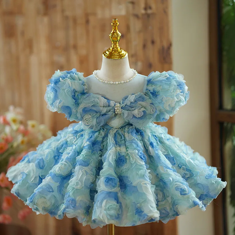 

Elegant Girls Princess Rose Children pearl Bow tutu Wedding Gown Kids Dresses baby infant Birthday Party Dress