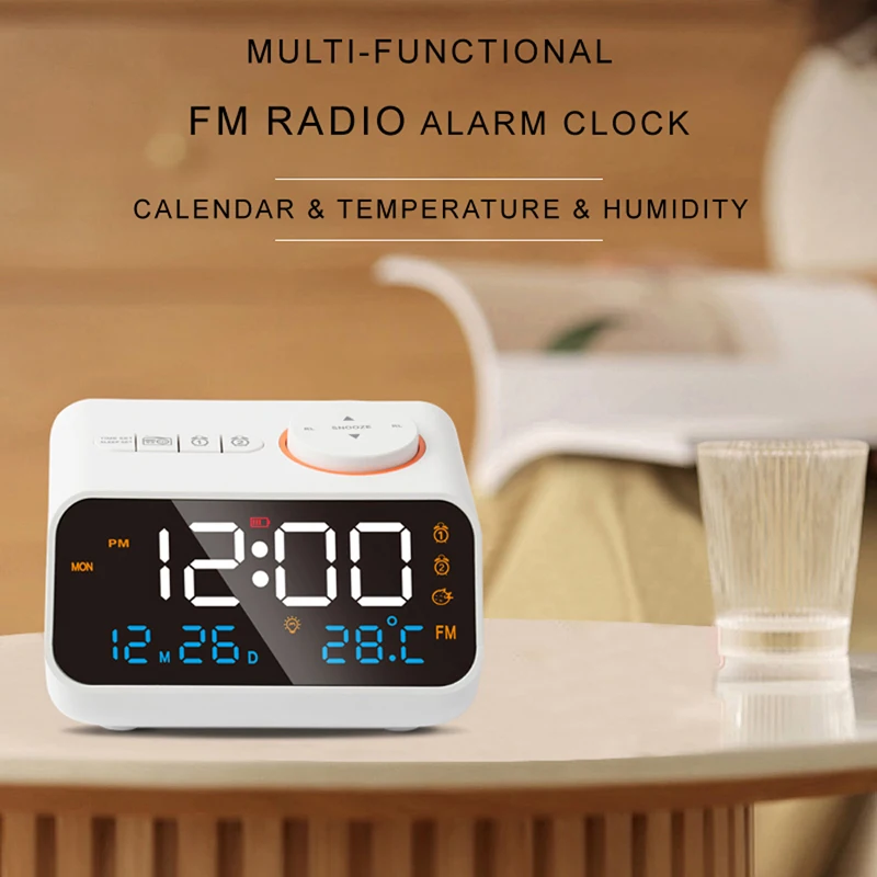 Mordern FM Radio LED Alarm Clock for Bedside Wake Up. Digital Table Calendar with Temperature Thermometer Humidity Hygrometer.