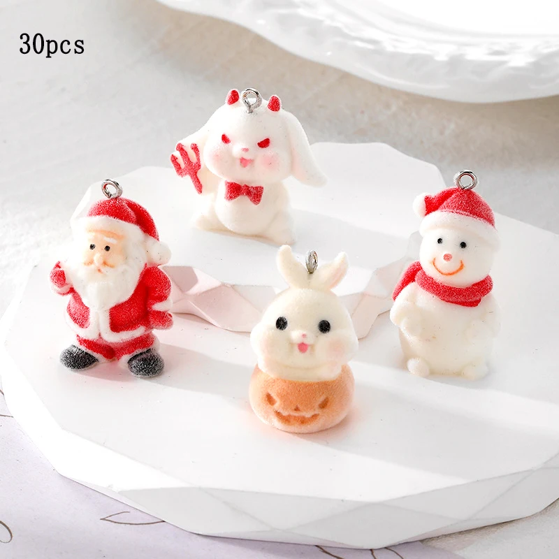 

30pcs 3D Kawaii Flocked Santa Claus Rabbit Charm cute Plush Doll Resin Pendant For Keychain Earrings Diy Jewelry Make fittings