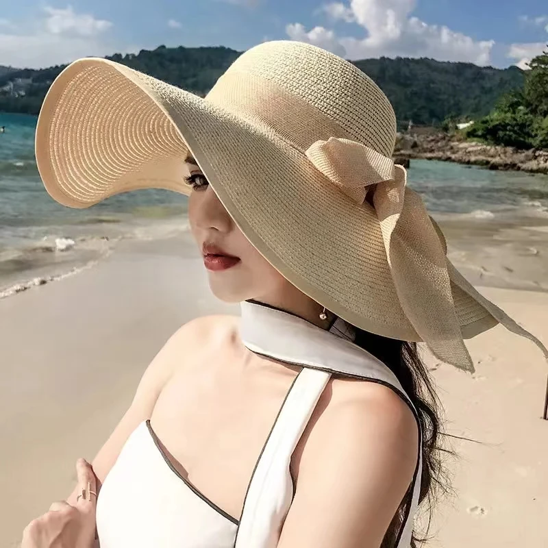 Women Summer Beach Travel Straw Hat Korean Seaside Big Hat Brim Sunblock Sunshade Holiday Foldable Fashion Big Cool Hat