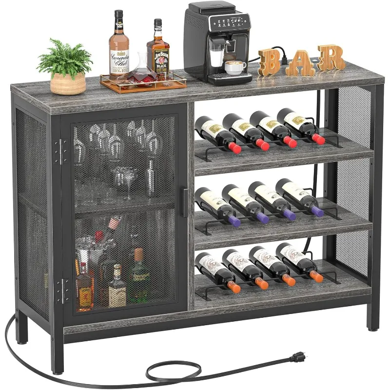 

Wine Bar Cabinet with Power Outlets, Industrial Bar Cabinets for Liquor and Glasses, Farmhouse Mini Coffee Bar Liquor Cabinet