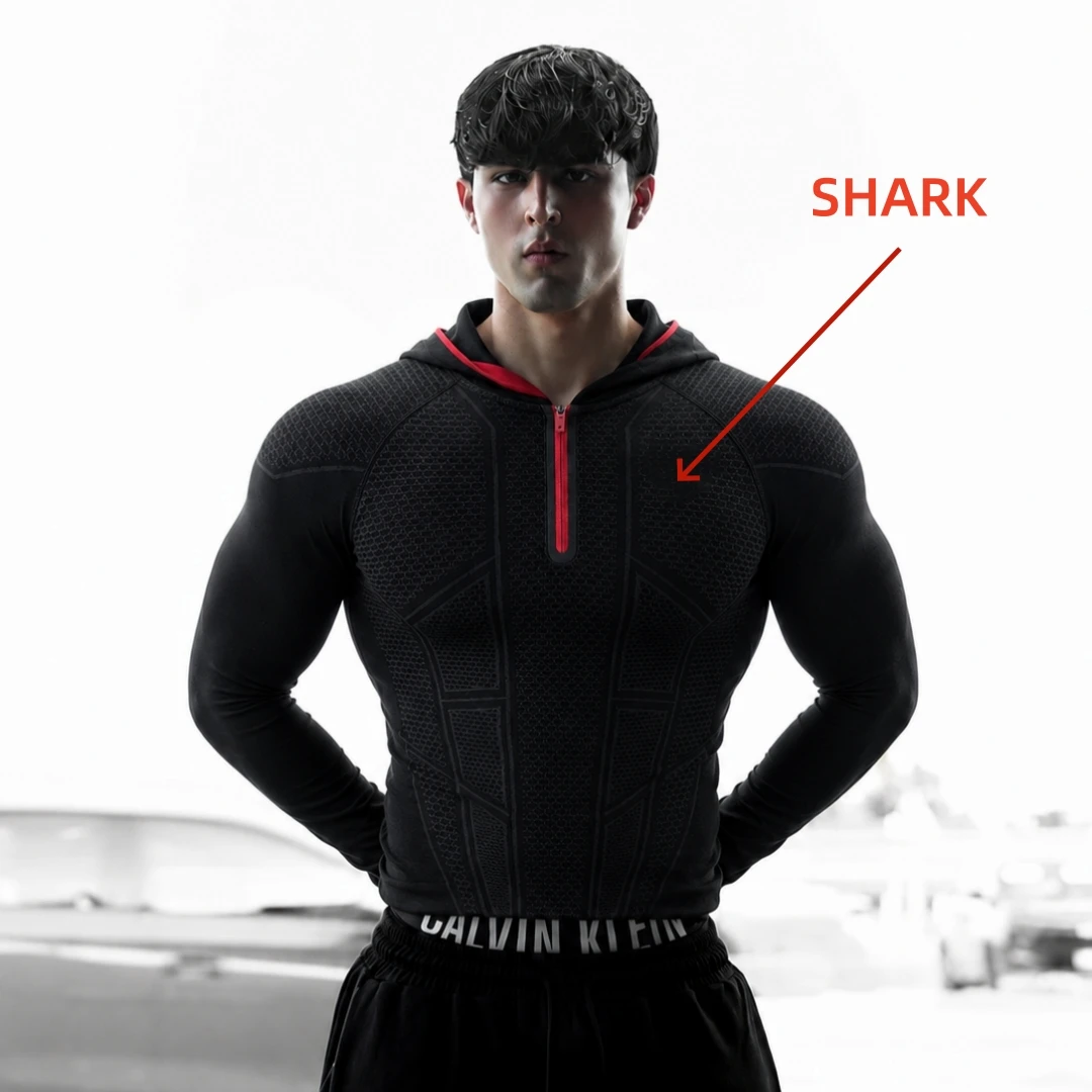 SHARK 2026 ONYX V1 hooded long sleeved blue red, gym, tight fitting clothes, show figure, men's hooded fitness long sleeves