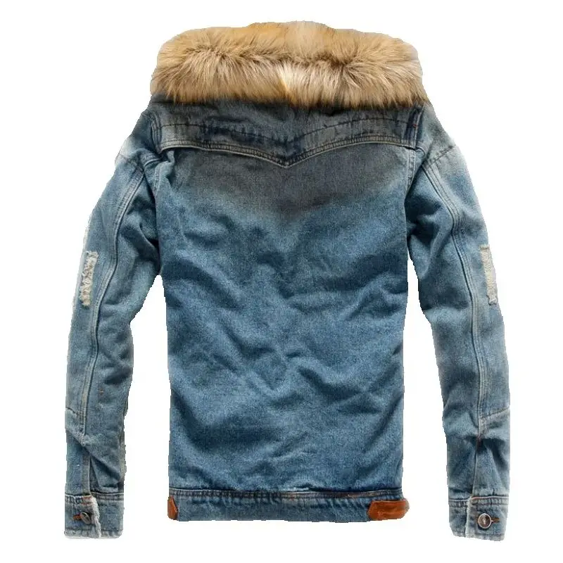 Teenagers Cotton-Padded Men's Retro Denim Fleece Jacket Thick Ripped Patchwork Denim Top Trendy Outerwear