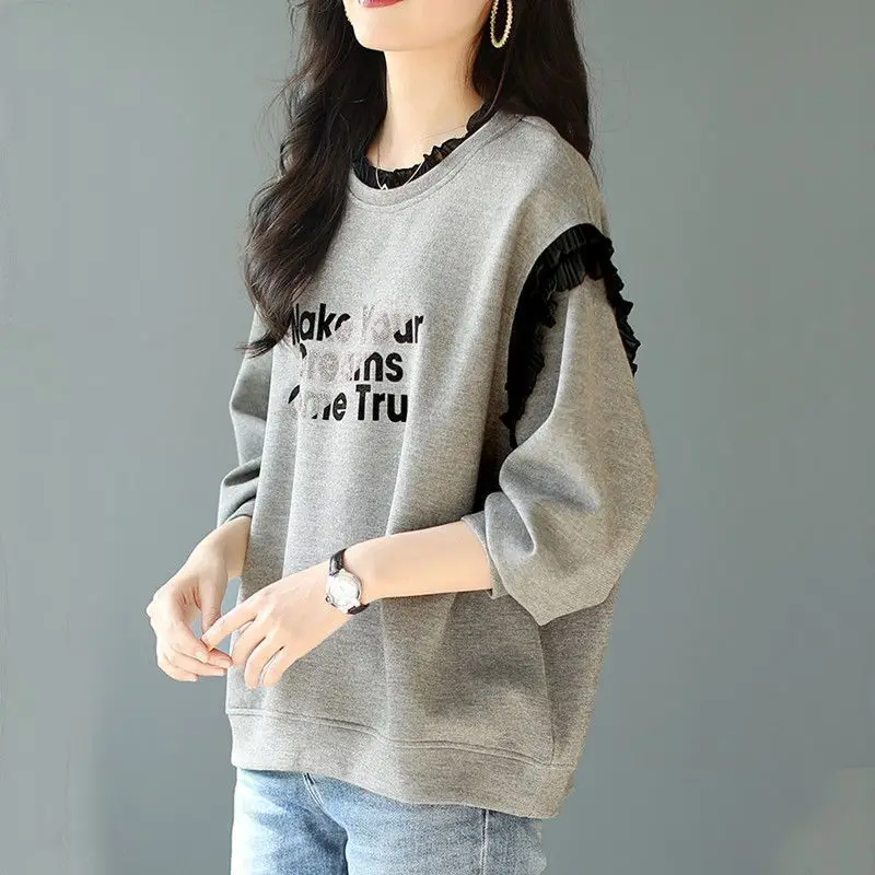 New Hot Diamond Top Loose Ear-shaped Lettering Fashionable and Versatile Slimming Casual Gray Sweatshirt