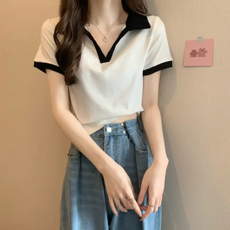 2025 Summer Polo Y2K T-shirt Women Korean Fashion Patchwork Tee Shirt Woman 90S Japanese Kpop Vintage Crop Top Sexy V-Neck Cloth