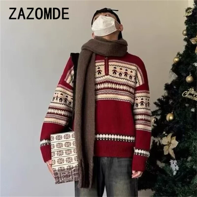 ZAZOMDE 2025 New Year Striped Christmas Sweaters Men Lapel Zipper Pullover Women Autumn Winter Loose Couple Knitted Sweater Coat