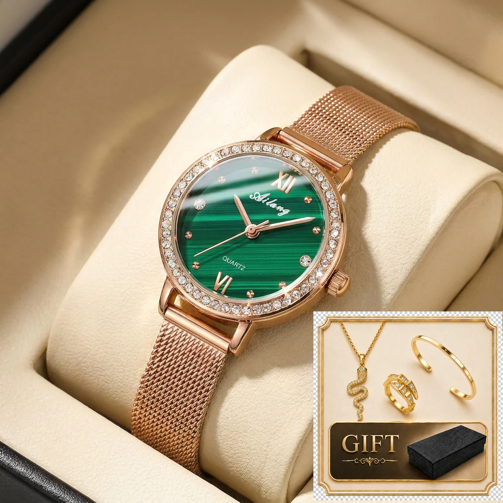 

4pcs gift box set Women's green dial alloy strap fashion jewelry details Quartz Watch Gift Box Set for party holiday