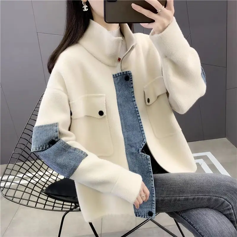

Cowboy High Neck Knitted Jacket Autumn and Winter New Korean Version Loose Design Casual Sweater Women's Cardigan