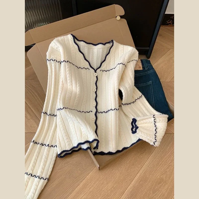 Contrast Color Striped Knitted Cardigan Women Autumn Winter Lazy V Neck Long Sleeve Sweater Simple Versatile Base Tops