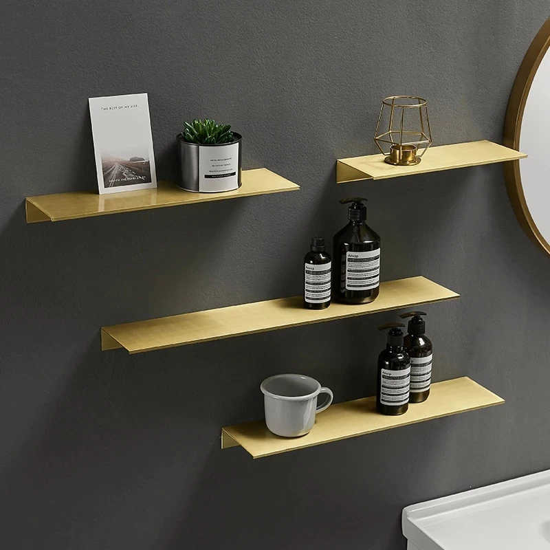 Brushed Gold Metal Bathroom Shelf Wall Storage Rack Washstand Drilling Large Wall Shelf for Storage 30/40/50/60cm Length Holder