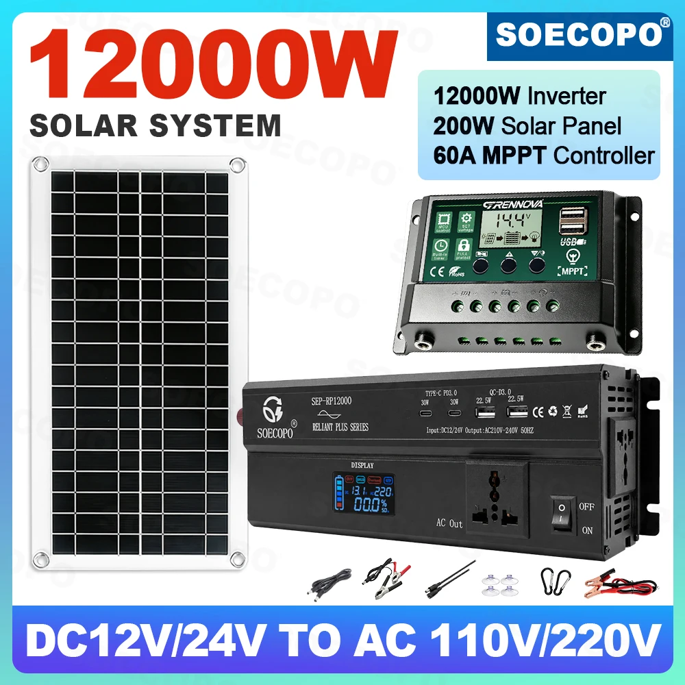 12000W SOECOPO Solar Power System Kit with 200W Solar Panel + 60A MPPT Controller DC12V/24V to AC110V/220V Off Grid For Home Car