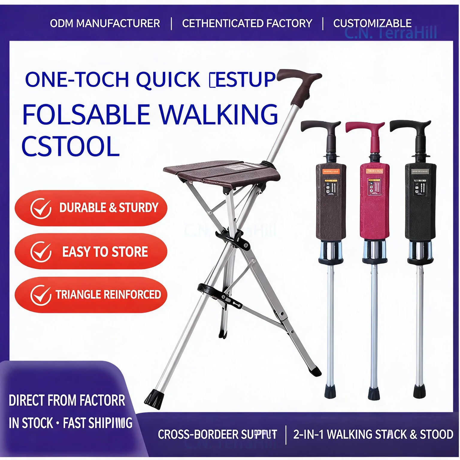 Folding Walking Stick Chair with Seat for Seniors, Portable Travel Cane Stool, One-Button Quick Open, Lightweight Support Aid